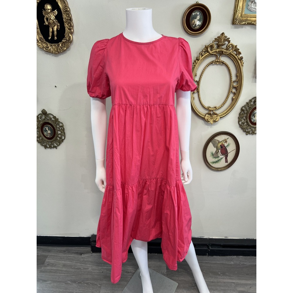 Peter Som Hot Pink Cotton Tiered Midi Dress Short Puff Sleeve Size 2